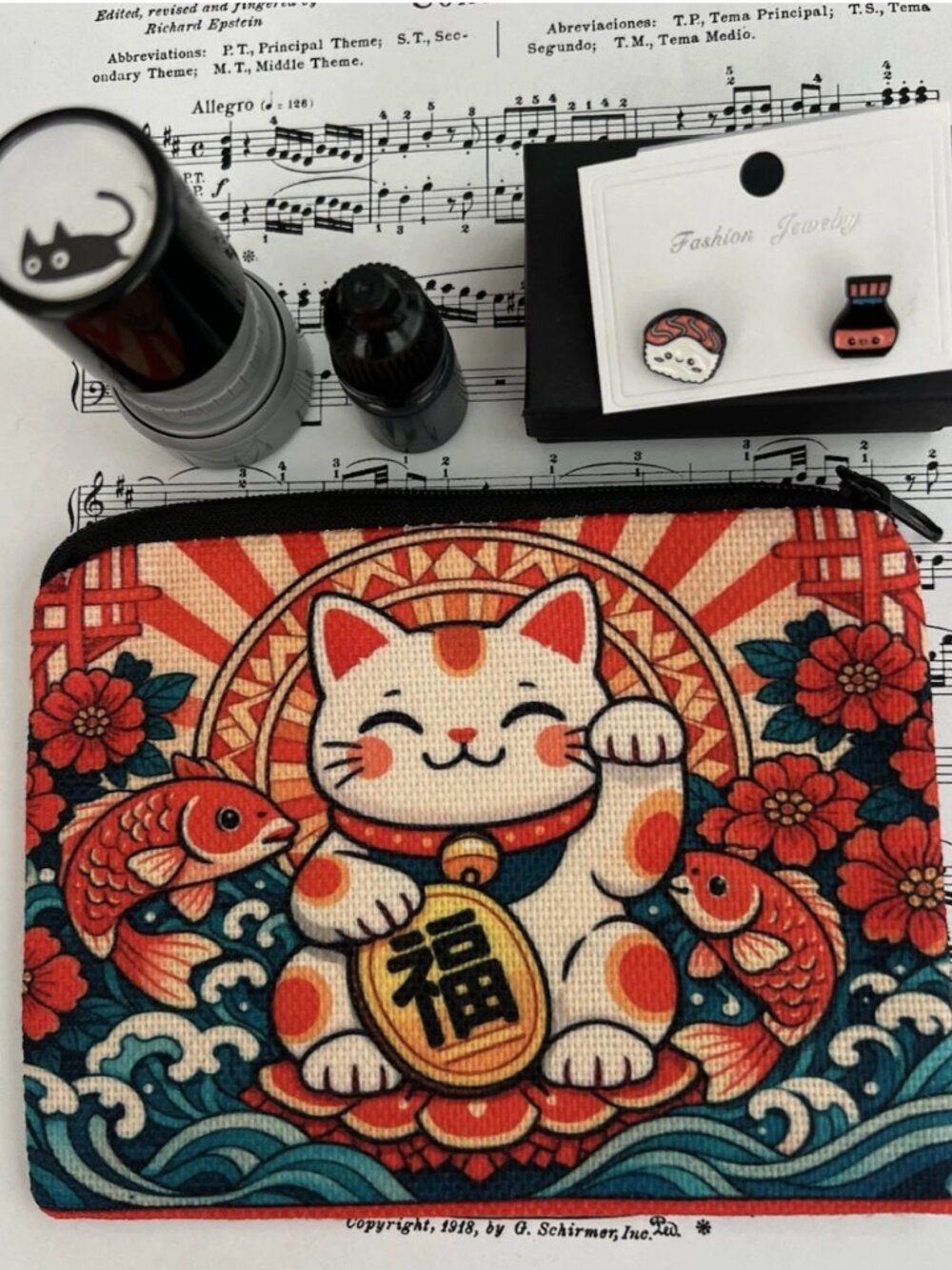 Japanese Maneki Neko Lucky Cat Bundle – Coin Purse, Sushi Earrings & Cat Stamp